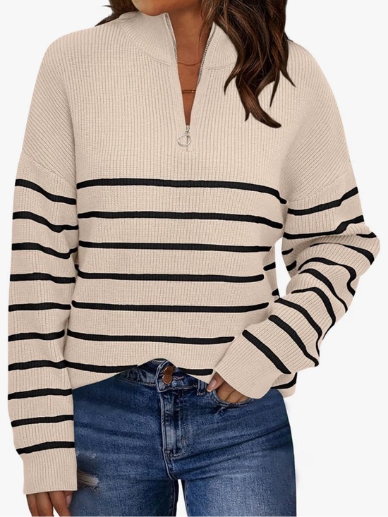 LILLUSORY Sweaters - Quarter-Zip Striped Turtleneck Sweater - Cream/Black